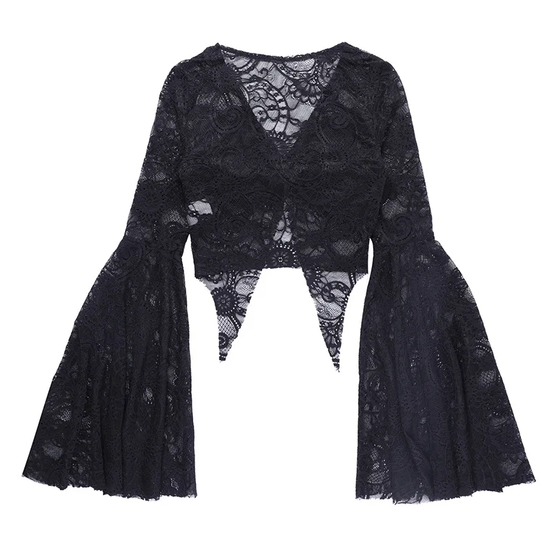 2023 Dark Lace See Through Mall Gothic Women T-shirts Emo Sexy Grunge Aesthetic Flare Sleeve Crop Tops Y2k Black V-neck Alt Tees