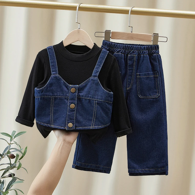 

Fashionable Baby Girls Denim Suit Spring 2023 New Korean Style Round Neck T-shirts+Suspenders+Wide Leg Pants Cute 3pcs Set