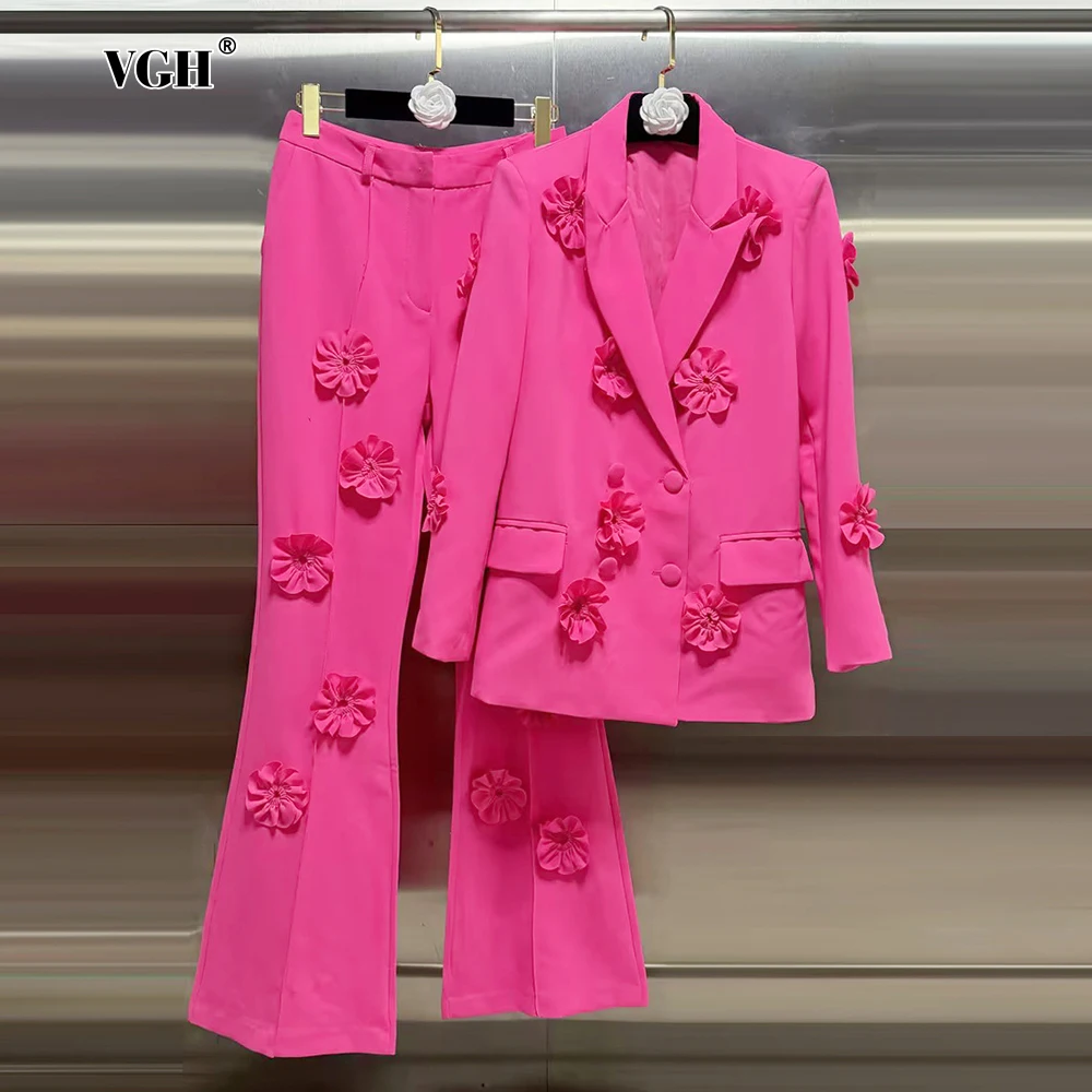 

VGH Patchwork Appliques Two Piece Sets For Women Notched Collar Long Sleeve Blazers High Waist Wide Leg Pants Solid Sets Female