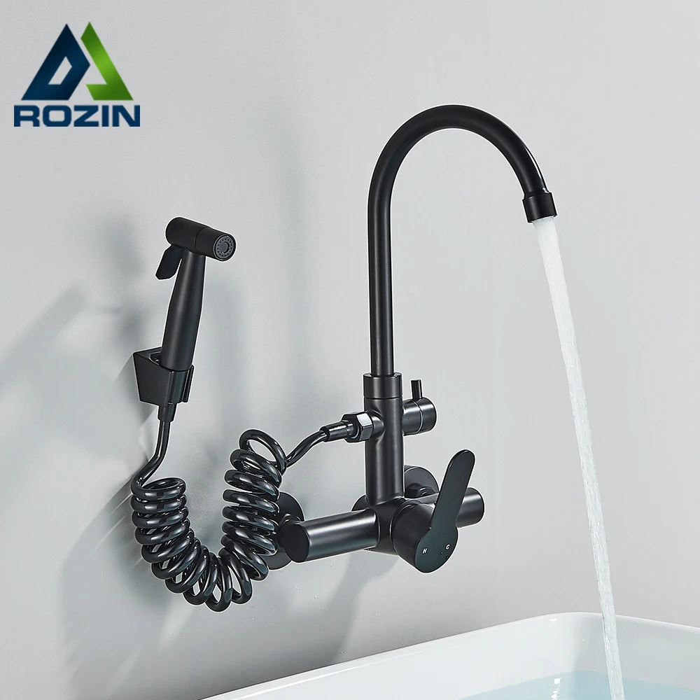 Rozin Wall Mounted Gourmet Kitchen Faucet with Extendable Bidet Wall Mixer Tap Black SUS 304 Dual Hole Flexible Sink Crane