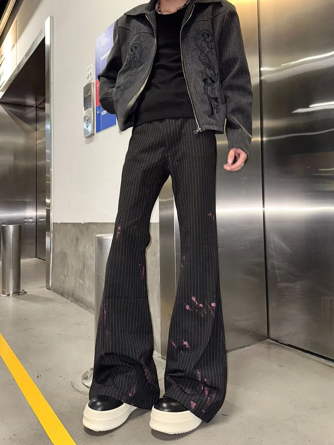 

Ретро-брюки-клеш в американском стиле с эффектом брызг краски, мужские повседневные прямые брюки, универсальные и удобные, для осеннего гардероба молодежи