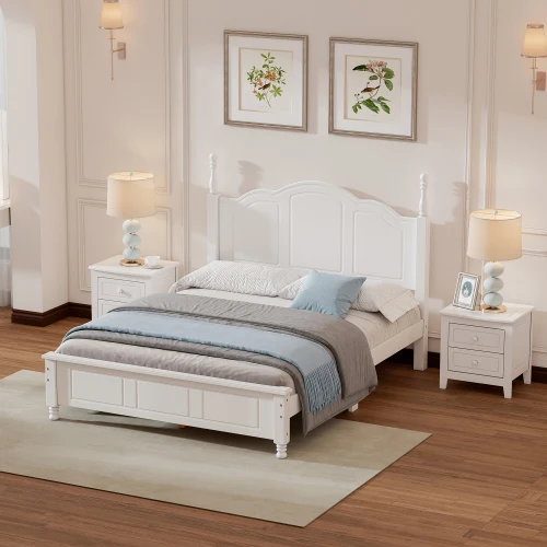 ！@Modern Solid Wood 3-Piece Bedroom Set Full Size Platform Bed and Two Nightstands-White Eco-Friendly & Durable Home Furniture