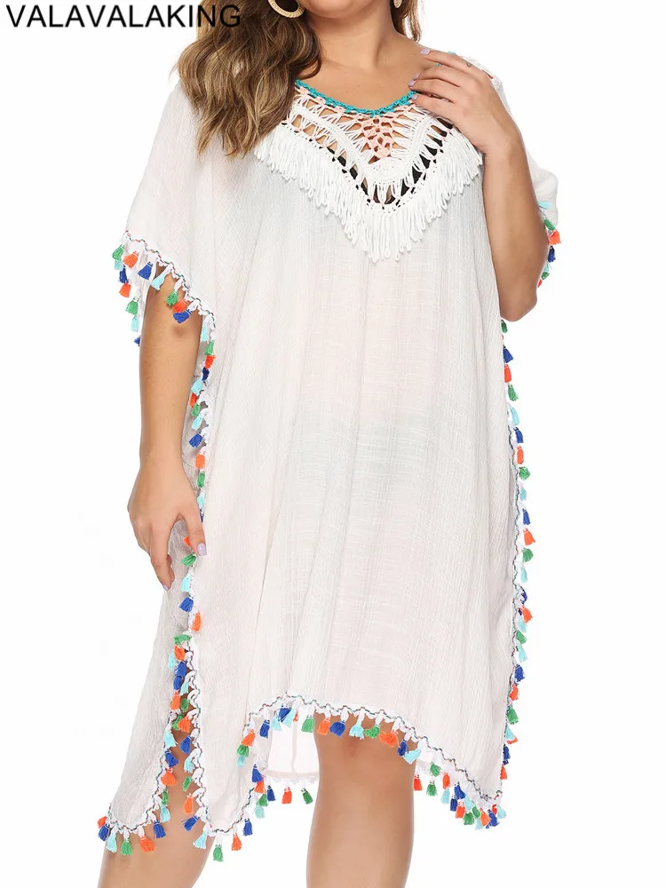 2025 Solid Women Plus Size Bikini Cove Up Short Sleeve Large Big Tunic Lady Chubby Beach Dress Tassels Hollow Swimsuit Cover-Ups