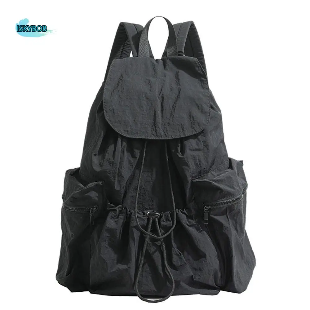 

Cute Korean Style Drawstring Backpack Fold Large Capacity Light Soft Nylon Bag Solid Color Book Bag Shoulder Bag Girls