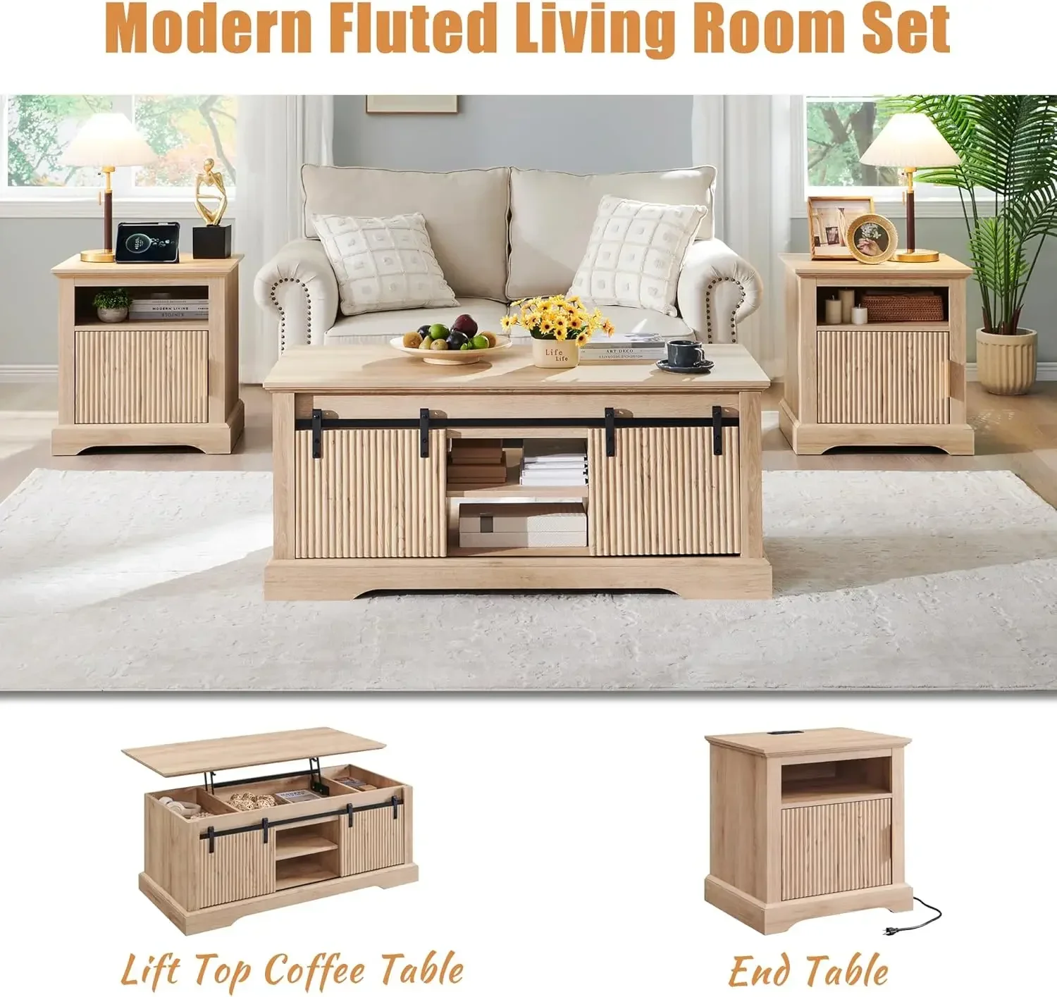 46" Fluted Lift Top Coffee Table with Sliding Door, Modern Center Table w/Adjustable Storage Shelf & Hidden Compartment,