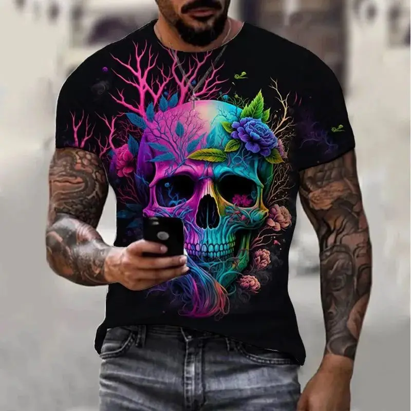 MEXICO SUMMER 2024 NEW MEN WOMEN CHILDREN RETRO CREW NECK T-SHIRT 3D PRINTING SKULL PATTERN TRENDY LOOSE SHORT STREET UNISEX TOP