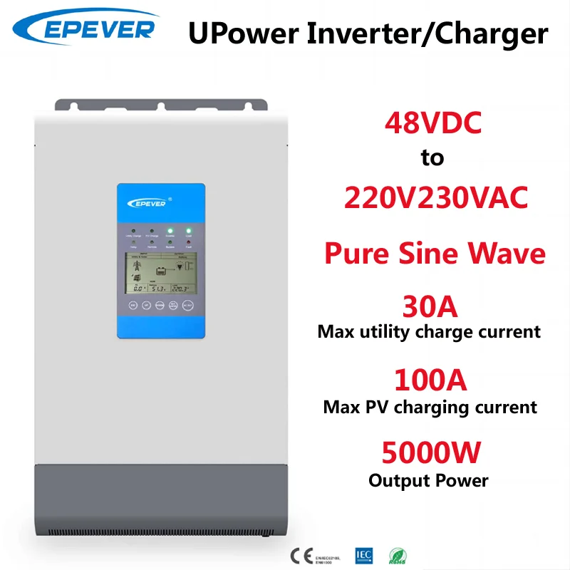 

EPEVER 5KW Inverter 48VDC 220V230VAC Include 30A Utility Charger And 100A MPPT Solar Charge Controller UP5000-M10342 5000W