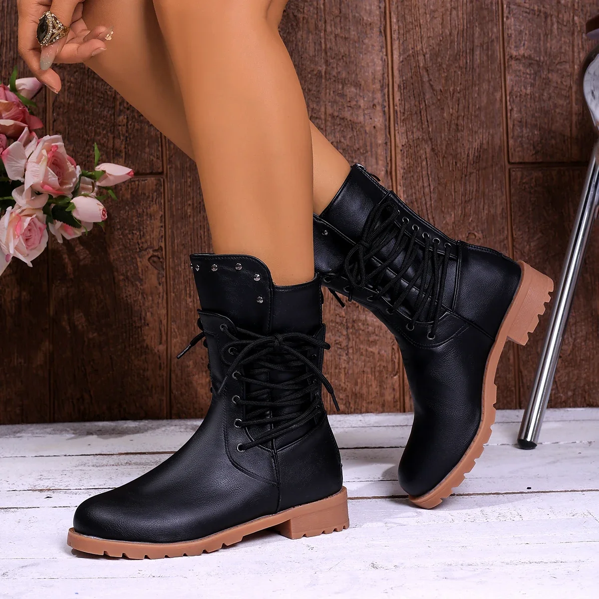 Trend Women Ankle Boots Fashion Lace-up Modern Boots Women 2025 New Plus Size Mid-Calf Boots Comfortable Outdoor Shoes Women