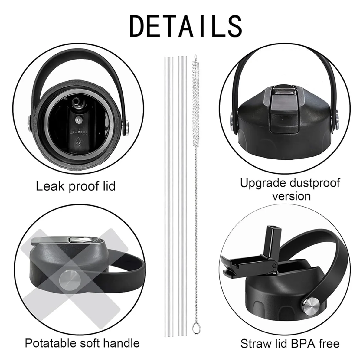 

B13CReplacement Lids Dustproof Leakproof Flip Top with Straw for Hydroflask Wide Mouth 12/16/18/20/32/40/64oz Water Bottles