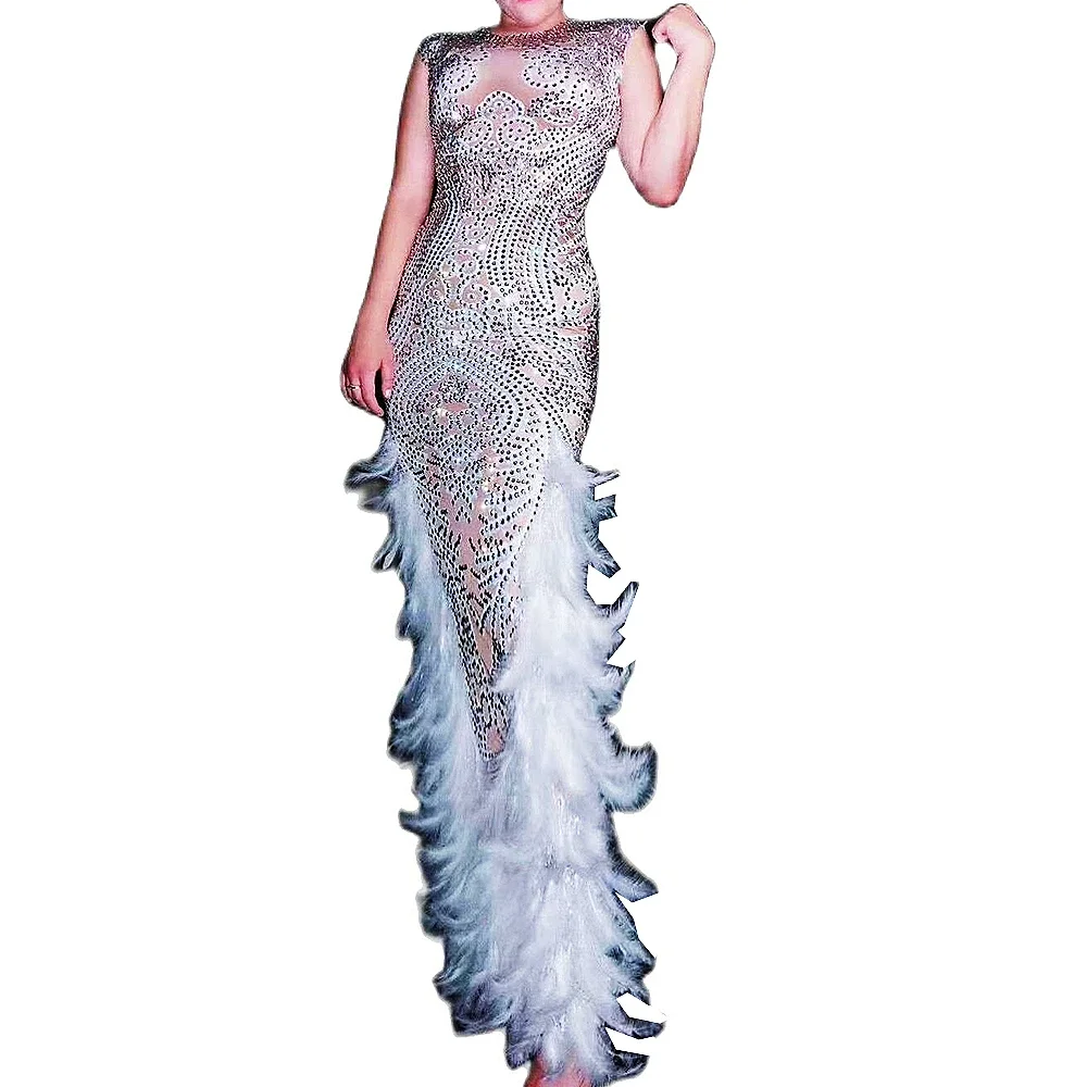 Glanzende Diamanten Vrouwen Witte Veren Jurken Mesh Doorzichtig Zeemeermin Jurk Verjaardag Prom Bodycon Outfit Nachtclub Kostuums