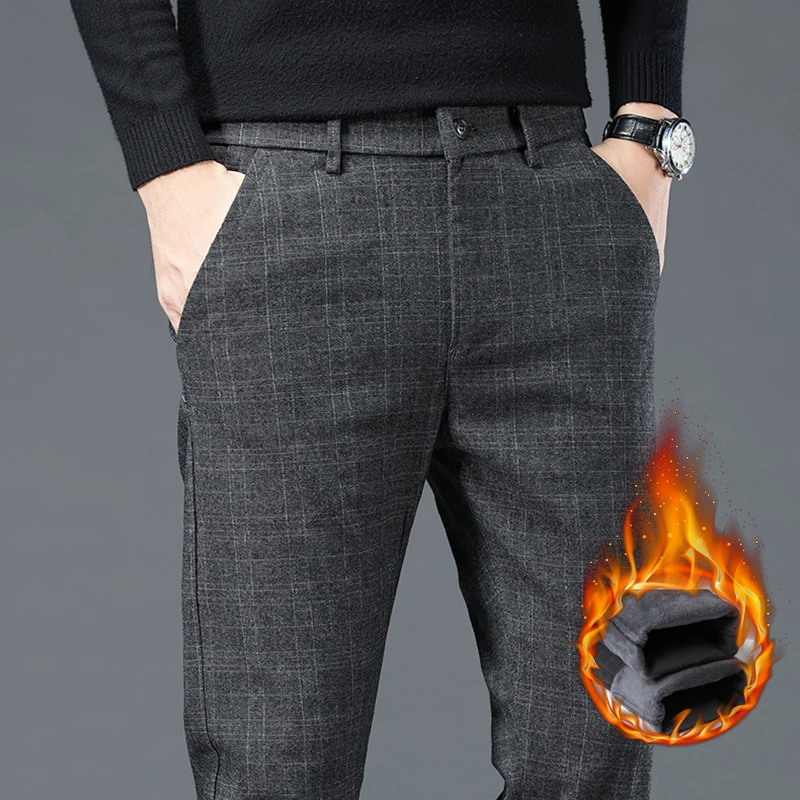 Winter Warm Fleece Plaid Pants Men Straight Fashion Slim Thick Velvet Brand Formal Black Blue Grey Fluff Villus Casual Trousers