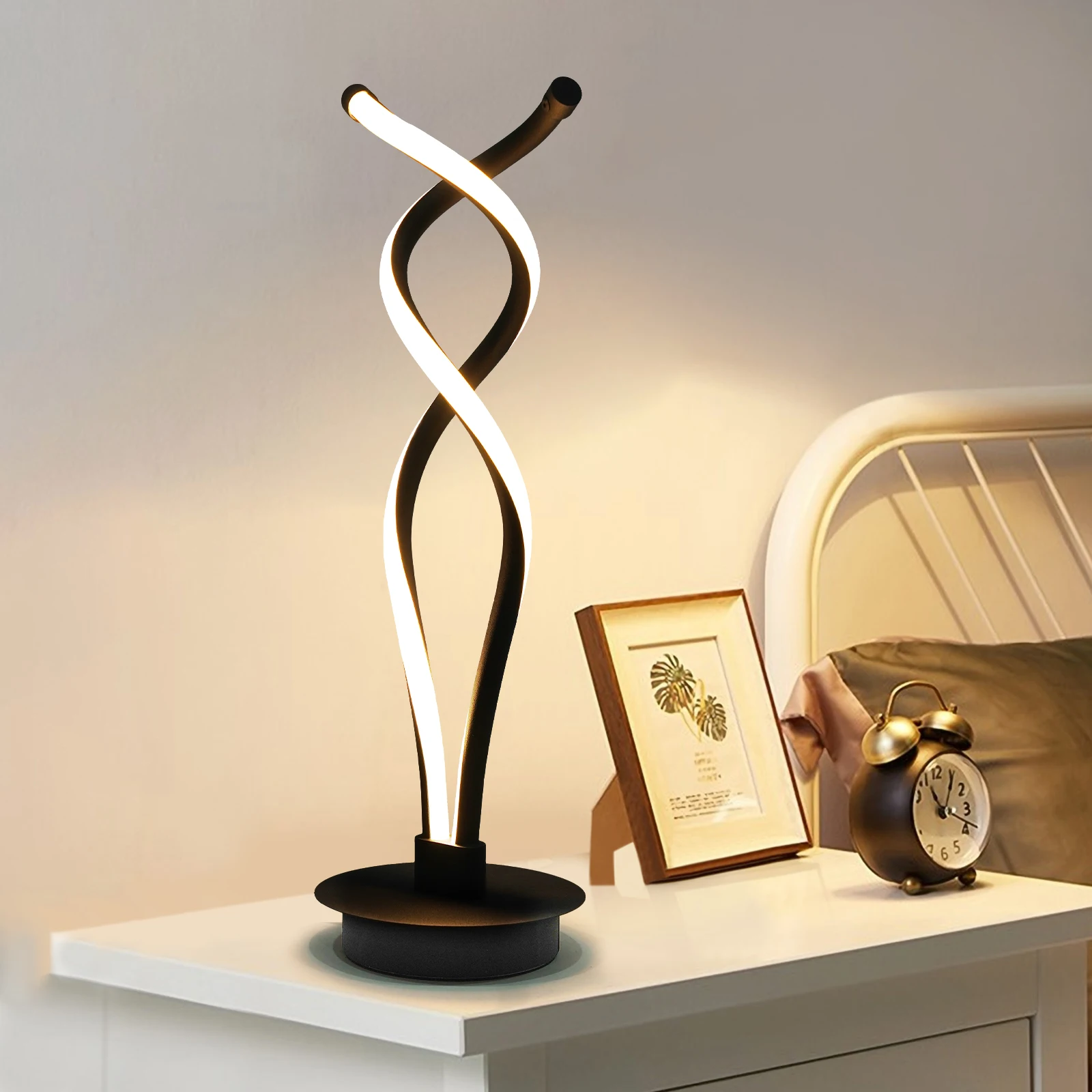 

Bymaocar современная черная светодиодная спиральная настольная лампа для спальни, прикроватная тумбочка, украшение для дома, изогнутый свет 6000K-6500K, низкое энергопотребление