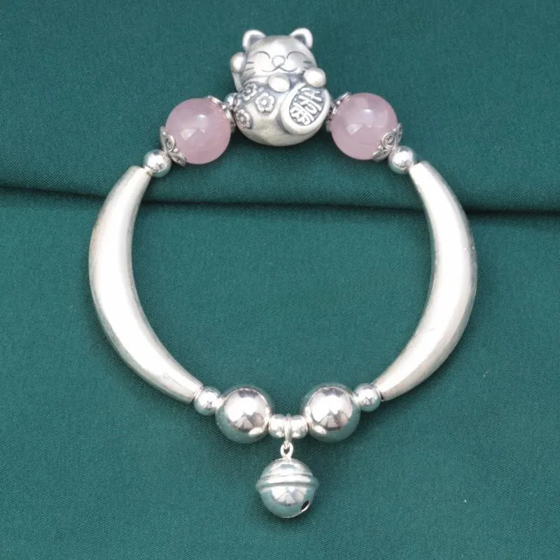 pulseira de prata esterlina para mulheres cotovelo gato pulseiras sino para meninas pulseira frisada de quartzo rosa etnica vintage joias artesanais sl119 925 01