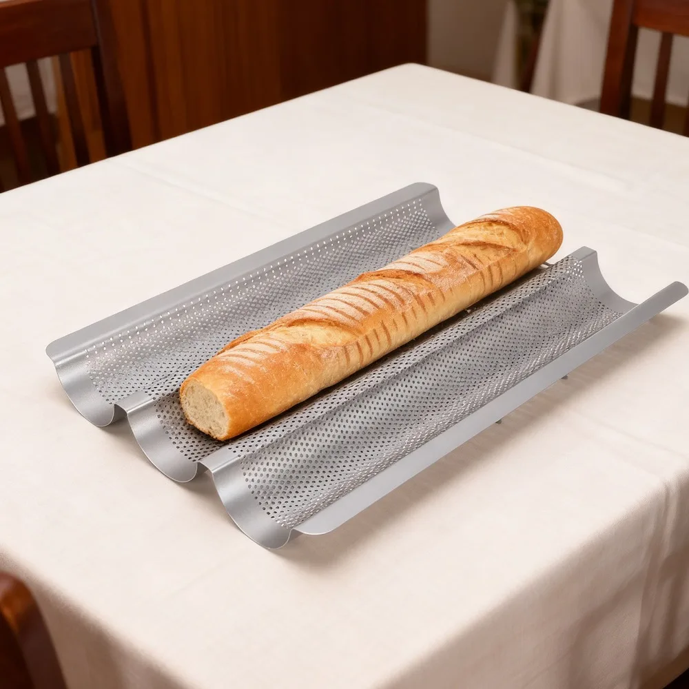 2PCS Carbon Steel Baguette Baking Pan Three Channel Nonstick French Bread Pan Rounded Corner Perforated Baguette Mold