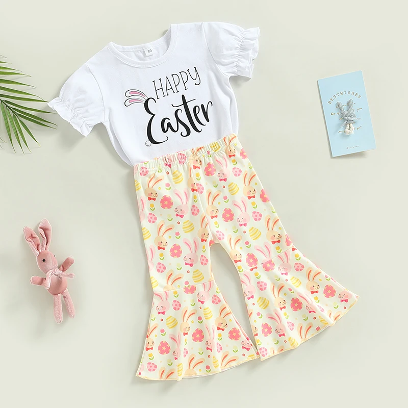 Roupas fofas de Páscoa para bebês meninas com estampa de coelho, top de manga curta e calças com babados com estampa floral, conjunto de 2 peças para crianças