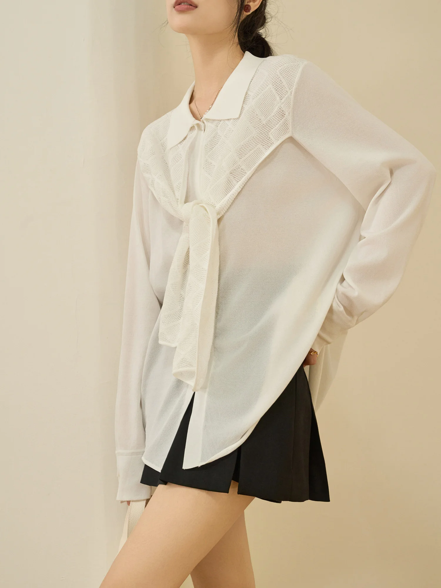 

Flowing Era Early Spring Commute Sle Women's Long Sve Knitted irt with Belt Splicing Design Breathable Polyester
