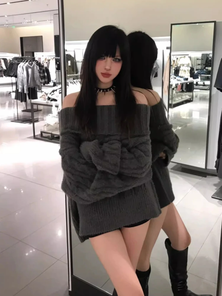 Französisch Design Grau Off Schulter Gestrickte Pullover Frauen Übergroßen Chic Feste Oberbekleidung Y2k Tops Mode Koreanische Beliebte Kleidung Neue