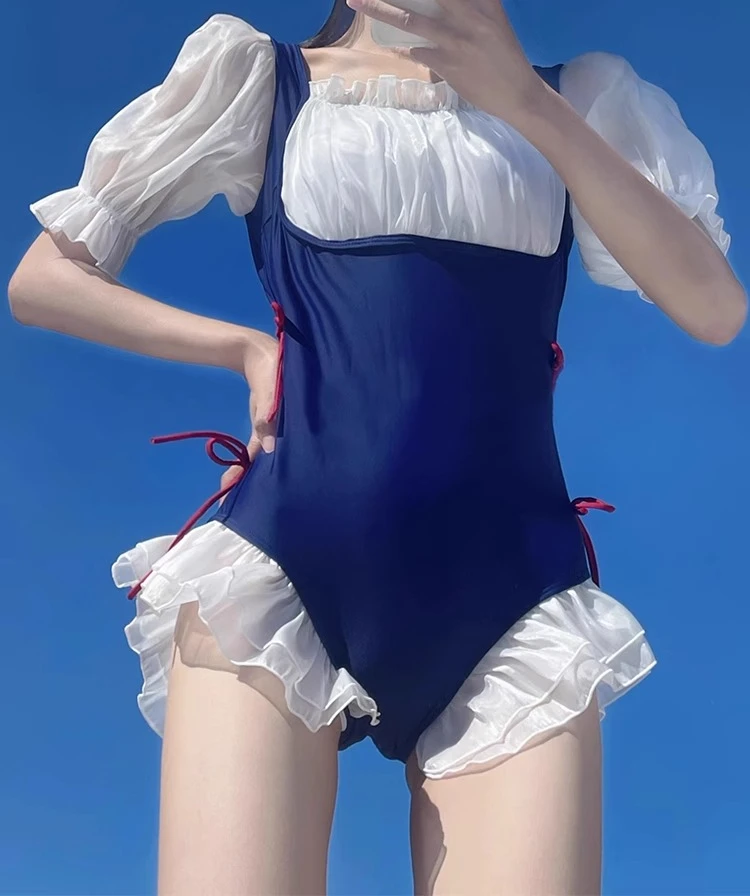 ワンピース水着 レッド スイートボウ 気質 スクエアカラー 2025 新作 夏 女の子 可愛い フリル プールパーティー 海辺 ブルー 水着