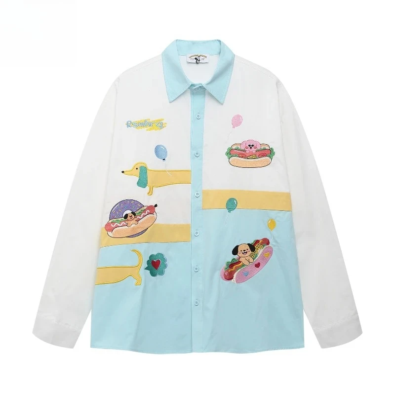 

Streetwear Color Block Cartoon Embroidery Shirt Unisex 2025 Autumn Loose Versatile