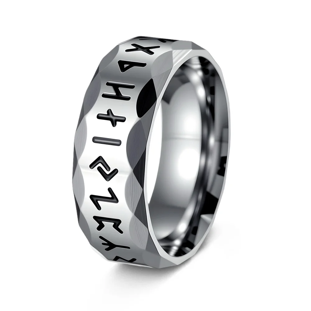 Runenring für Herren, facettierter, graviertes Symbolband, goldfarben, Edelstahl, Ring im nordischen Stil, geometrischer Statement-Schmuck. – Detail 7