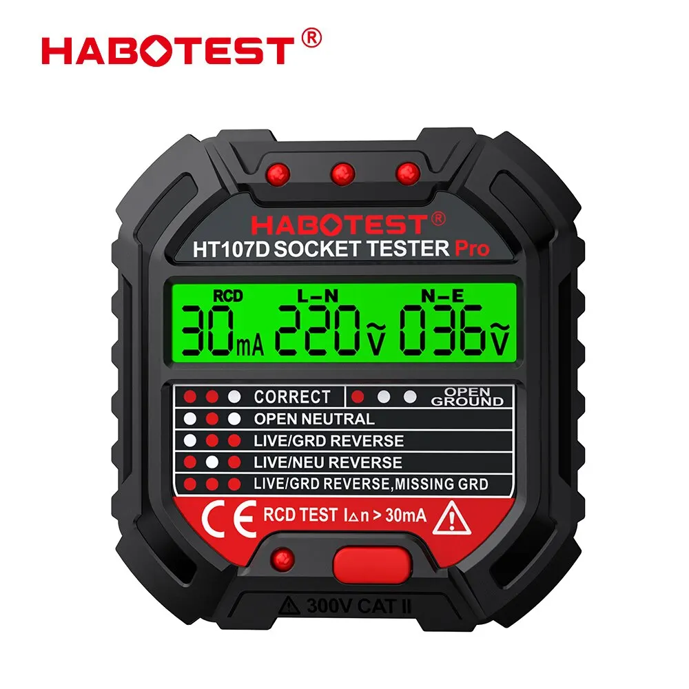 HABOTEST HT107 Socket Tester Pro Voltage Test RCD 30mA Socket Detector UK EU Plug Ground Zero Line Plug Polarity Phase Check