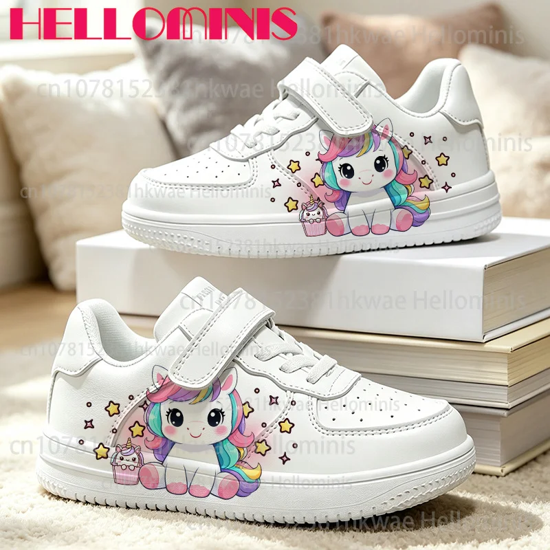 Unicorn Cute Rainbow Cloud Animal Print Kids Casual Shoes Girls White Sneakers Non‑Slip Soft Sole Children Daily Board Footwear