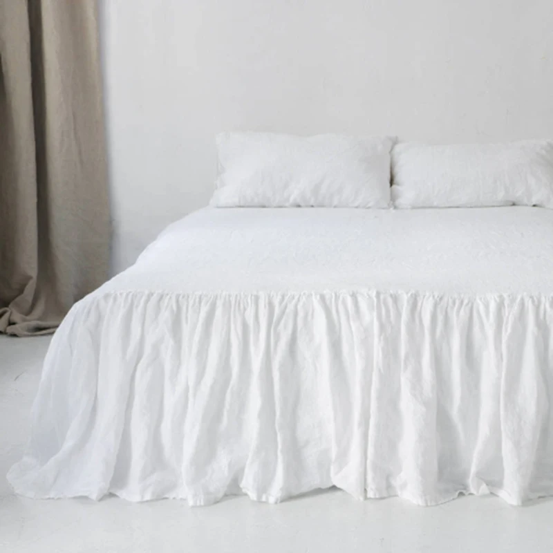 Pure Linen Bed Skirt Set,1 White Bedspread and 2 Ruffle Pillowcase, Non-slip Mattress Cover Bedsheet/ Bedspread