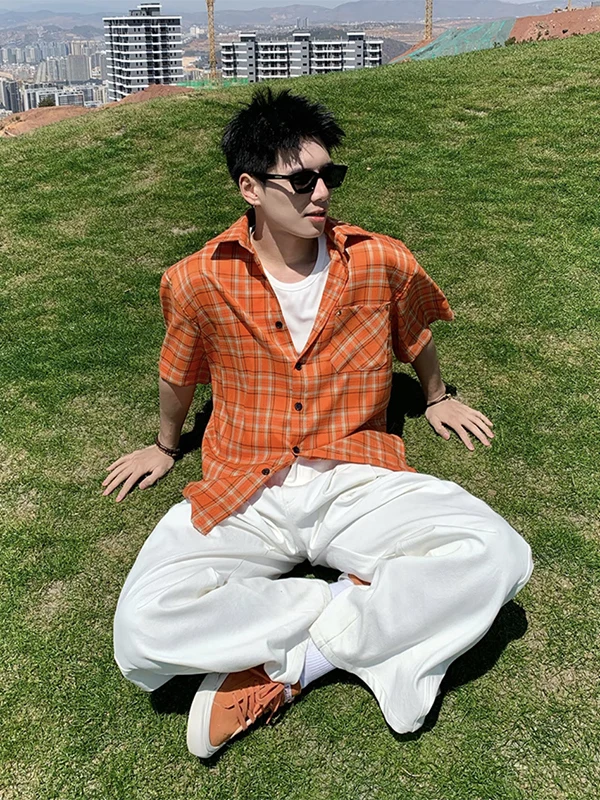 Orange Short Sleeve Men's Casual Shirt Lightweight Summer Sun Protection Jacket American Style Breathable Loose Fit Teenager
