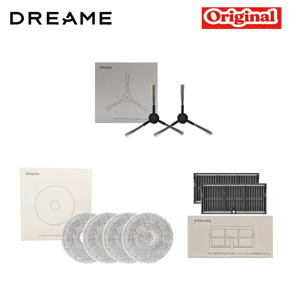 Originele Dreame L40 Ultra AE / L40s Ultra CE / D20 Ultra onderdelen voor stofzuigers: hoofdborstel, zijborstel, filter, dweilpad en stofzak.