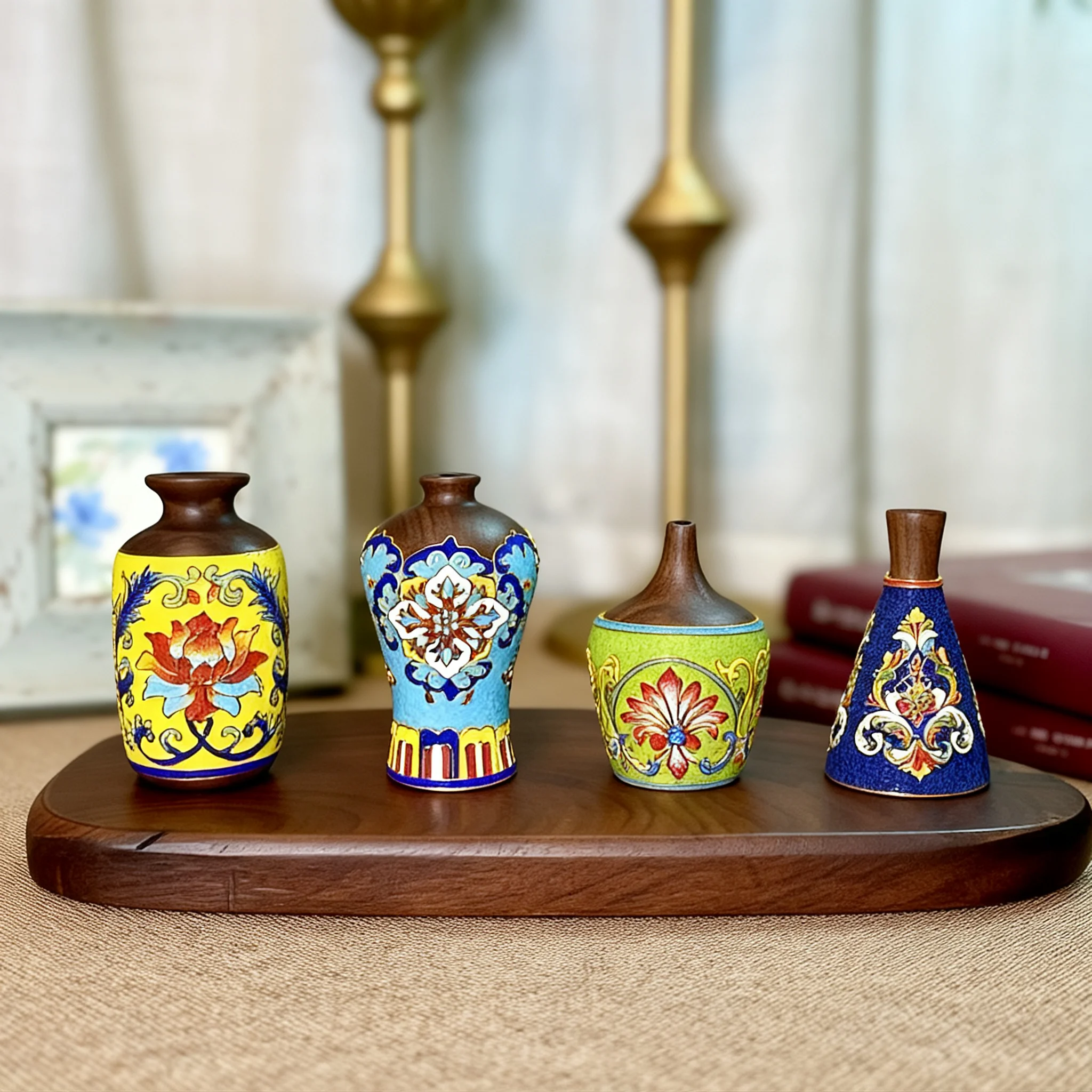 Luxury Wood & Enamel Craft Small Vase, Oriental Art Tabletop Ornament for Living Room