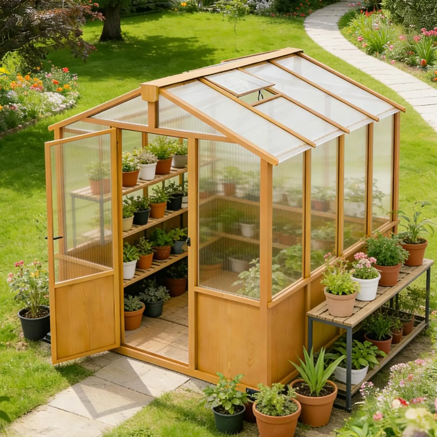 6x8ft Cedar Wood Greenhouse with Roof Vents, Outdoor Greenhouse Kit, Weather Resistant Plant Garden House, Natural, Customized