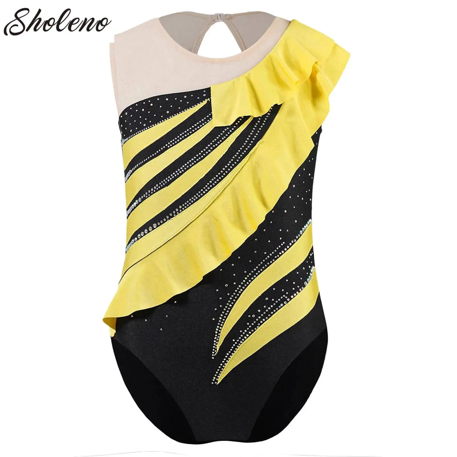 Girls Gymnastic Leotards Sleeveless Contrast Color Patchwork Ruffles Unitard Sparkly Tumbling Dance Jersey Bodysuit for Kids