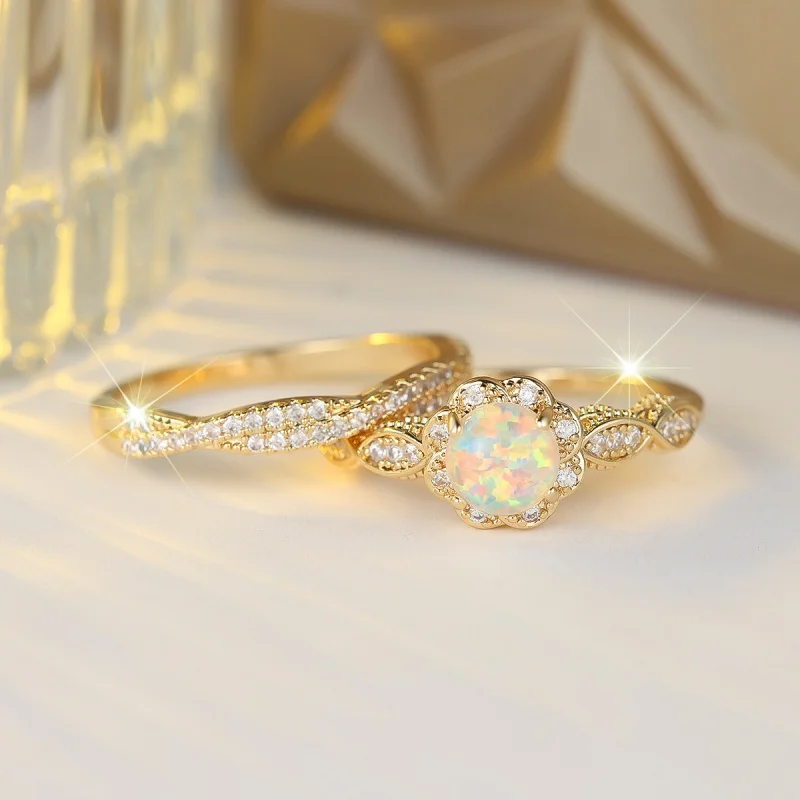 2026 New Retro Floral Edging Synthetic Australian Treasure Ring Two-piece Layered Light Luxury Women's Proposal Accessory
