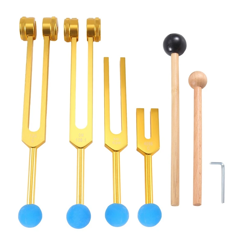 4Pcs Tuning Fork Set(128Hz, 136.1Hz, 528Hz, 4096Hz), For Healing Chakra,Sound Therapy,Reliever Stress Durable ,Gold