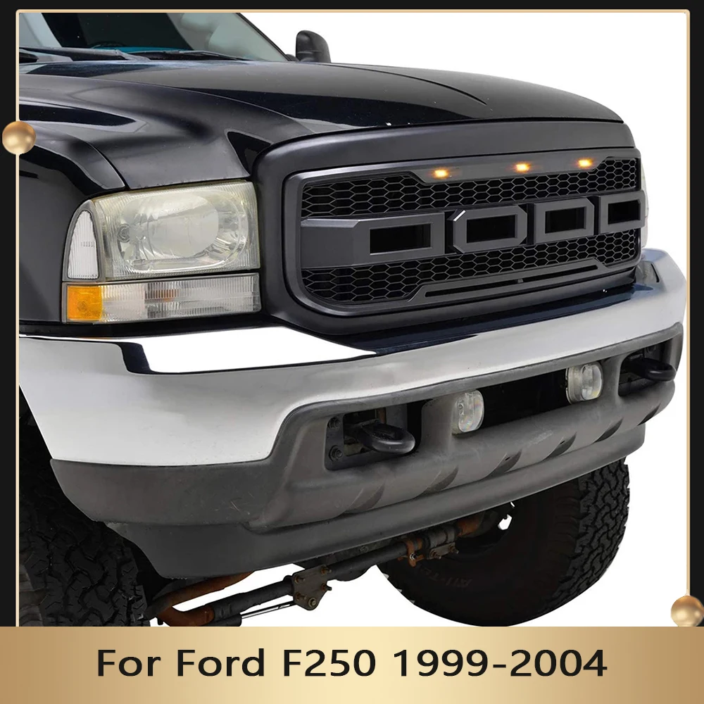 ABS Honeycomb Mesh Grille Fit For Ford F250 1999-2004 Raptor Style Front Grill With 3 Amber LED Lights & Letters Racing Grills