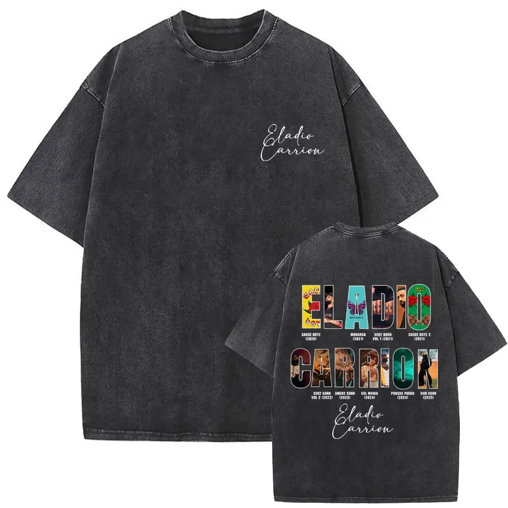 

Limited Rapper Eladio Carrion Album Cover Washed Vintage T-shirt Summer Men Women Hip Hop Oversized Street Crewneck T Shirt Tops