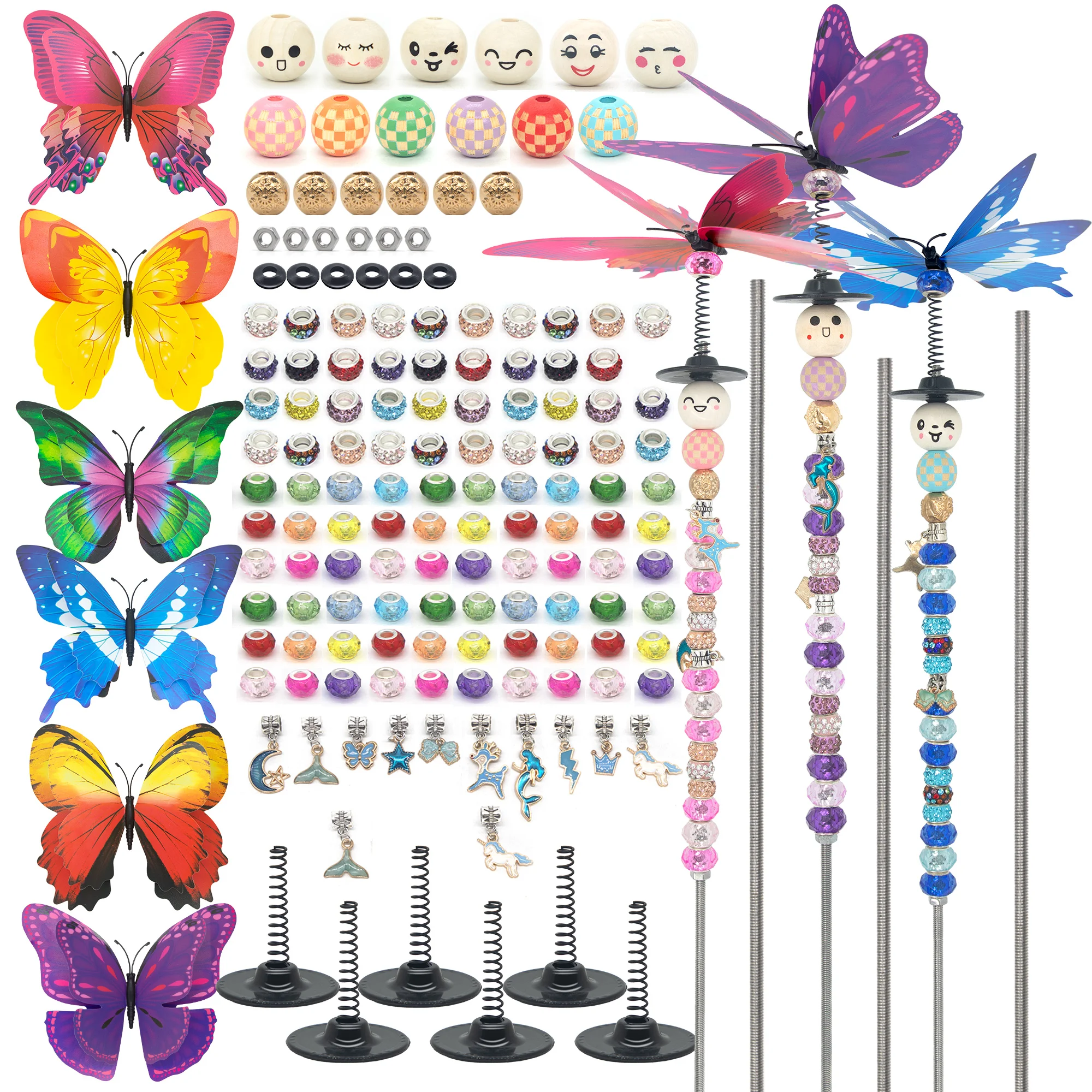 156Pcs 3D Butterfly Garden Stakes Decorative Kit, 304 Stainless Steel M4x300mm Threaded Rods with Butterfly Ornaments Beads Spri