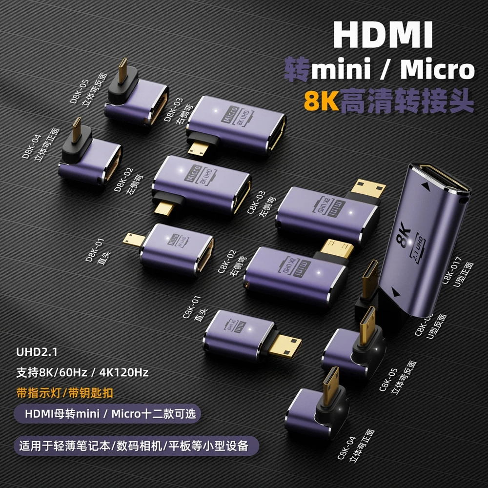 Connecteur HDMI 600 vers Mini mâle, coude à 90 degrés, convertisseur étendu 8K, interface, mini caméra reflex haute définition à objectif unique