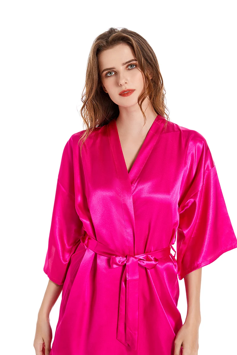 sexy Women\'s Kimono Robes Short Satin Pure Color Bridal Party Robe with Oblique V-Neck