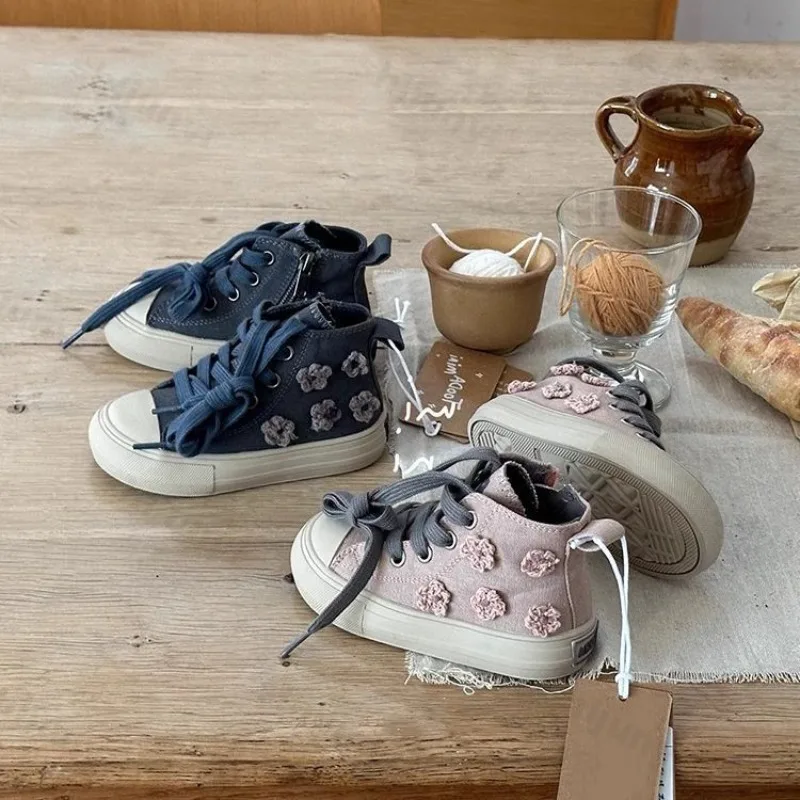 

Children High Top Canvas Shoes 2026 Spring Baby Fashion Non-slip Casual Shoes Boys Girls Flower Platform Outdoor Sports Shoes