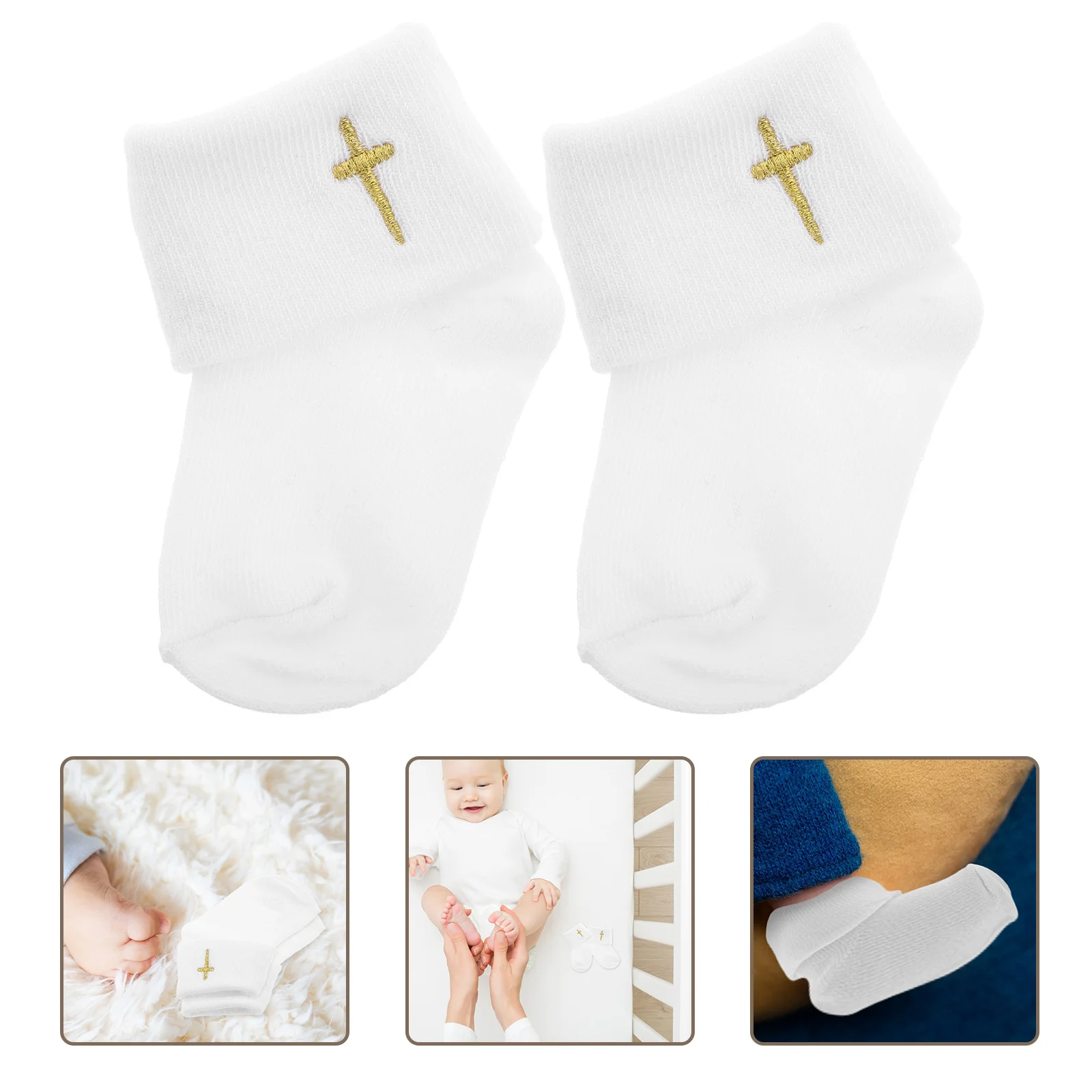 

1 Pair Soft Cotton Infant Baptism Socks Newborn White Ankle Socks For 0-1 Year Old Christening Turn Cuff Antislip