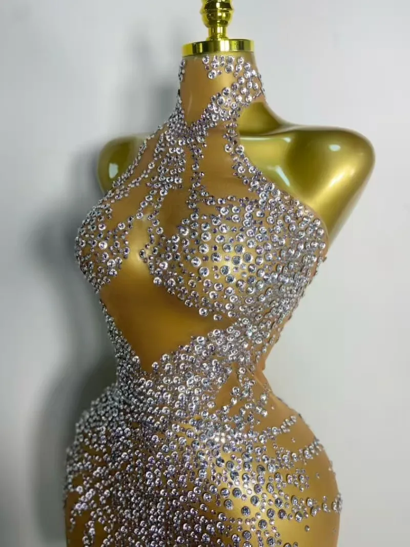 Estoque cantor dançarino mostrar palco wear strass brilhantes sexy malha ver através do vestido festa de formatura celebrar aniversário vestido