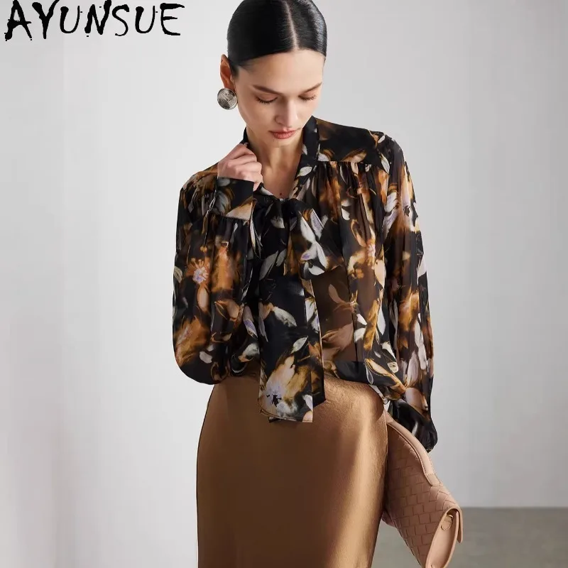 

AYUNSUE Georgette Silk Women's Blouses and Shirts Semi-Sheer Long Sleeve Tops for Woman 100% Mulberry Silk Woman Clothes 블라우스