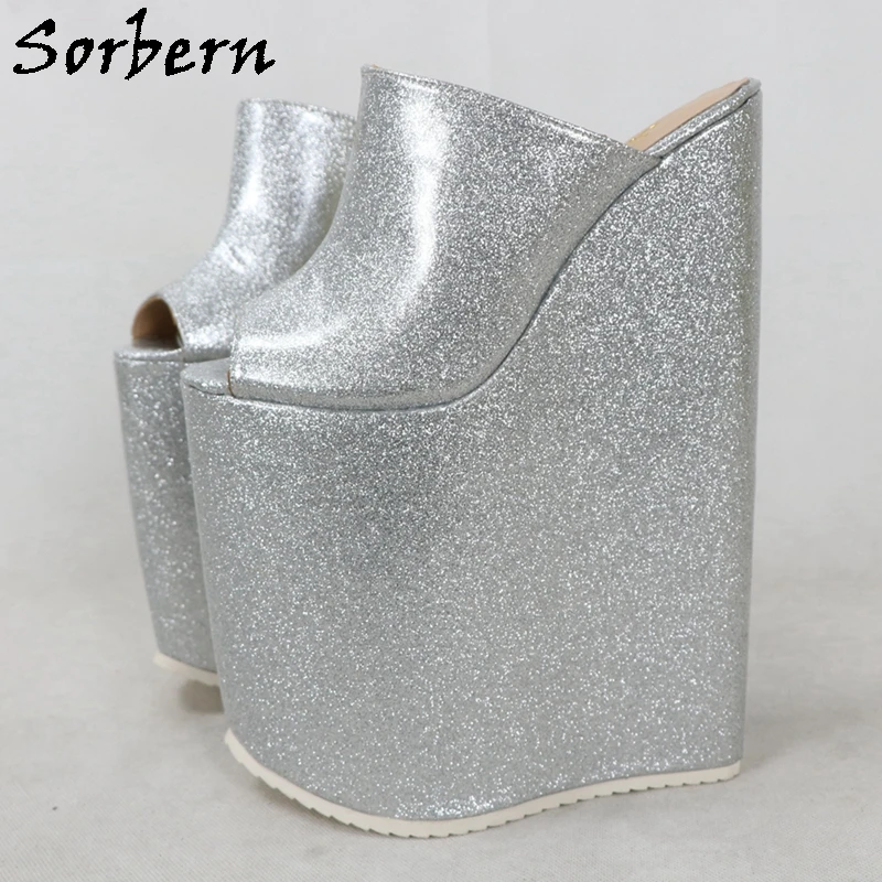 Sorbern Silver Glitter Women Slippers 25Cm Wedge High Heel Open Toe Wedge Platform Summer Shoes Slides Fetish Drag Queen Shoes