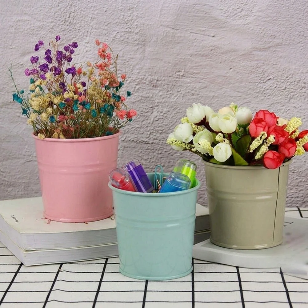 2 Set Metal Herb Plant Pots with Tray for Windowsill For Garden Indoor Outdoor Use Drainage Holes Rustic Farmhouse Style