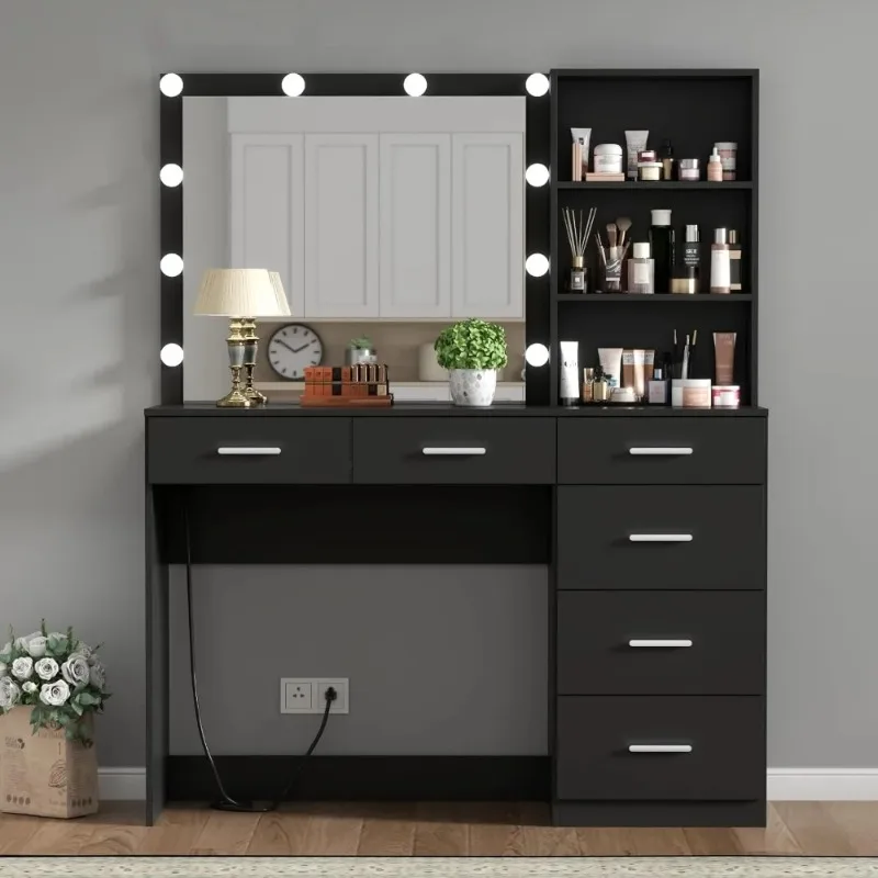 39 Inches Black Vanity Desk with Lights, 6-Drawers Makeup Vanity Table with Power Strip and Storage Shelves