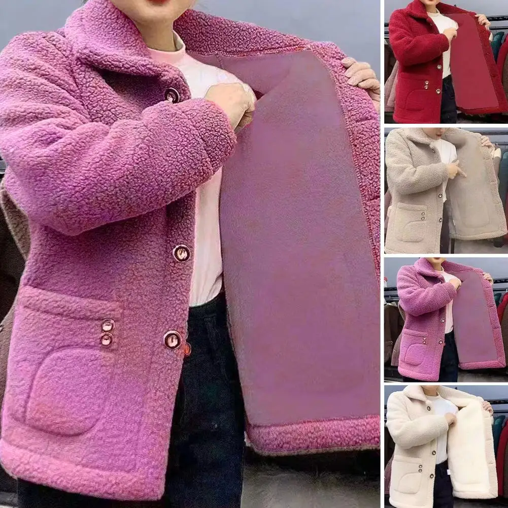 

1Pc Lapel Women Solid Color Coat with Plush Single-reasted Women Coat Vintage Warmth Resistance Women's Winter Coat for Outdoor