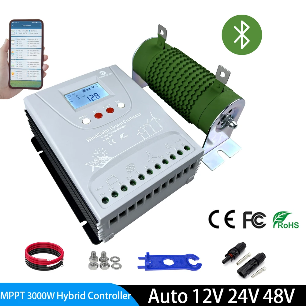 

2000W 3000W MPPT Hybrid Wind Solar Charge Controller With Free Dump load Bluetooth WIFI For 12V 24V 48V Lifepo4 gel Battery