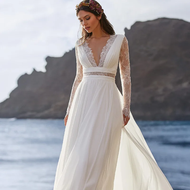 CloverBridal długie koronkowe rękawy szyfonowe Boho plażowe suknie ślubne dla panny młodej linia A półprzezroczyste plecy Vestidos de novia WW8225