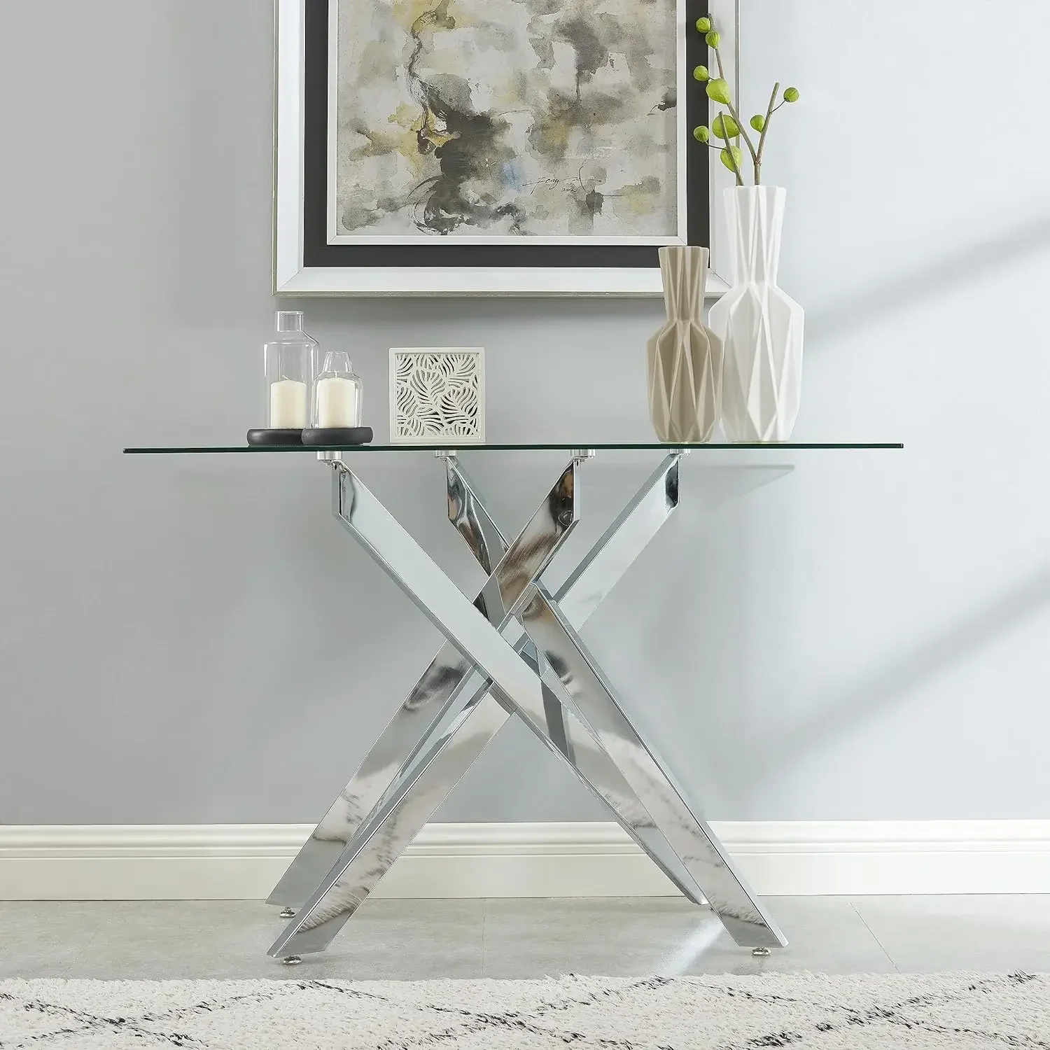 High-quality Modern Style Console Table Narrow Sofa Table With Tempered Glass Top And Metal Tubular Legs, 45